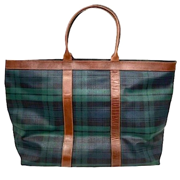 RALPH LAUREN BlackWatch Plaid Coated Canvas Brown Leather Top Zip Oversized Bag - Picture 2 of 16
